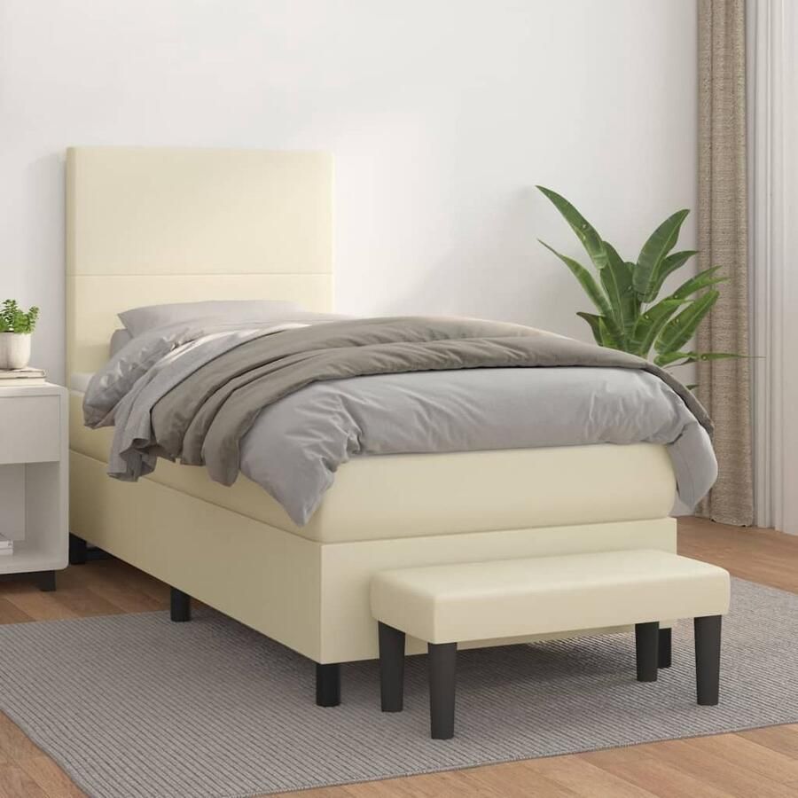 The Living Store Boxspringbed Crème Kunstleer 203 x 90 x 118 128 cm Hoogwaardig Verstelbaar hoofdbord Pocketvering matras Middelharde ondersteuning Huidvriendelijk topmatras Multifunctioneel bankje