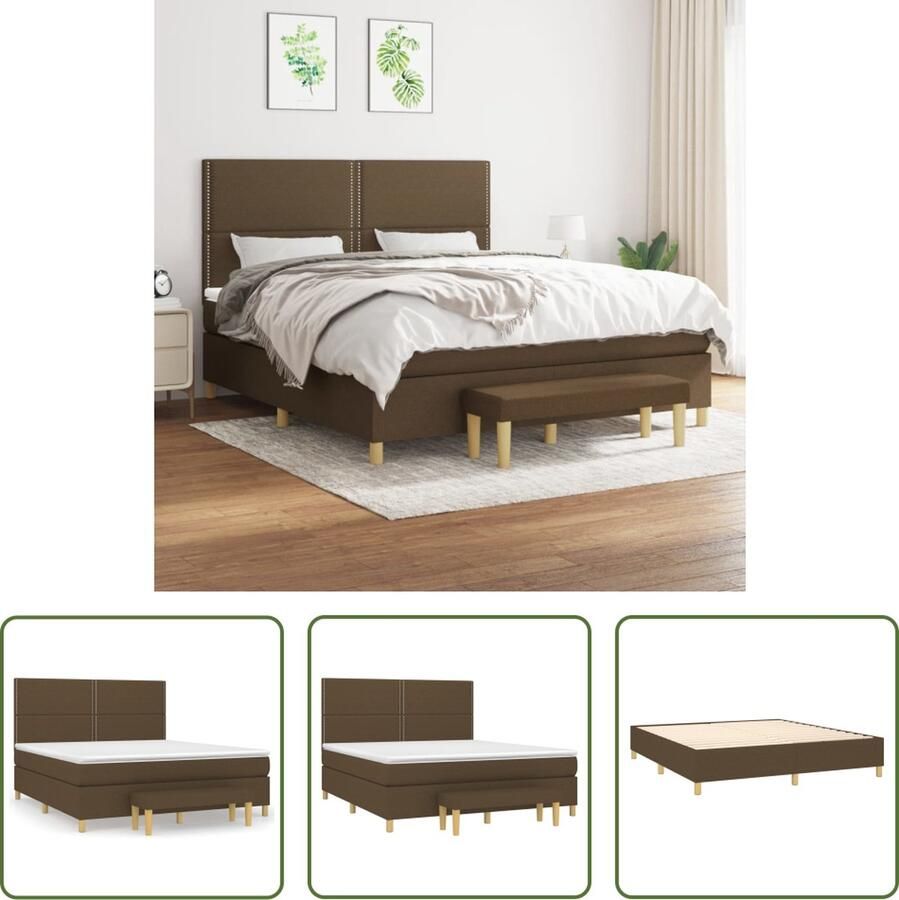 The Living Store Boxspringbed Donkerbruin 203x160x118 128 cm Pocketvering Matras Middelharde Ondersteuning Huidvriendelijk Topmatras Multifunctioneel Bankje