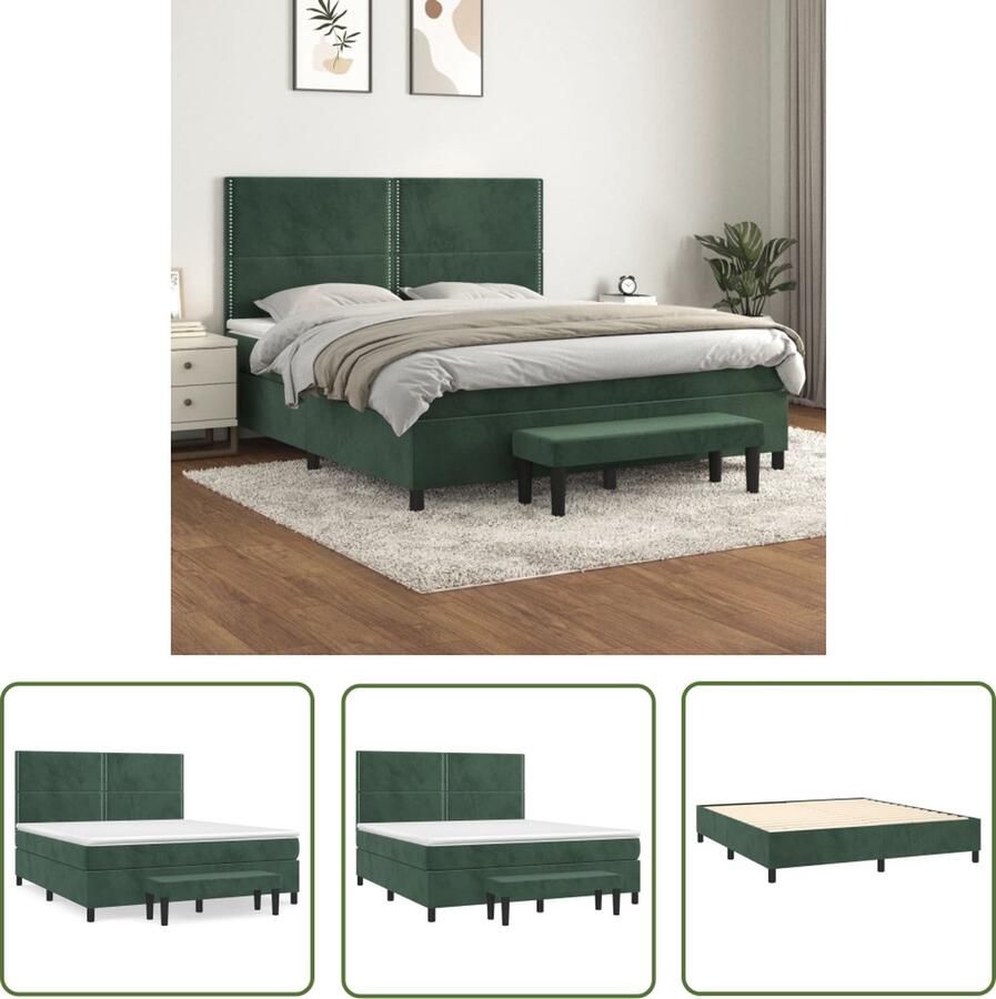 The Living Store Boxspringbed Donkergroen 203x160x118 128 cm Fluweel Verstelbaar hoofdbord Pocketvering matras Middelharde ondersteuning Huidvriendelijk topmatras Multifunctioneel bankje