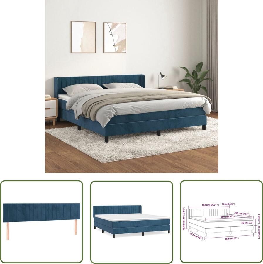 The Living Store Boxspringbed Fluweel 160x200 Donkerblauw Pocketvering Middelharde ondersteuning Boxspringbed Fluweel Bed Donkere Kleuren Tweepersoonsbed Boxspring