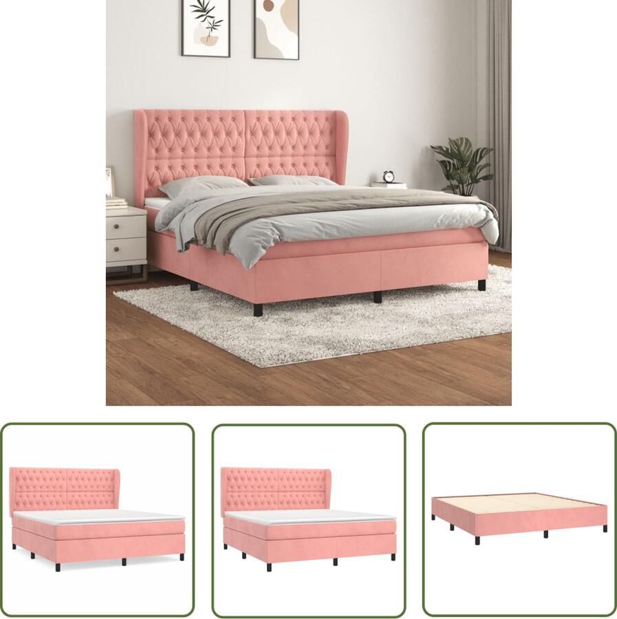 The Living Store Boxspringbed fluweel roze 180x200 cm met verstelbaar hoofdbord en pocketvering matras middelharde ondersteuning huidvriendelijk topmatras Boxspringbed Fluweel Bed Roze Bed Tweepersoons Bed King Size Bed - Foto 2