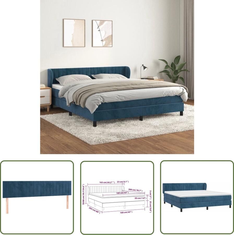 The Living Store Boxspringbed fluweel donkerblauw 160 x 200 x 78 88 cm verstelbaar hoofdbord pocketvering matras middelharde ondersteuning huidvriendelijk topmatras levering inclusief montagehandleiding