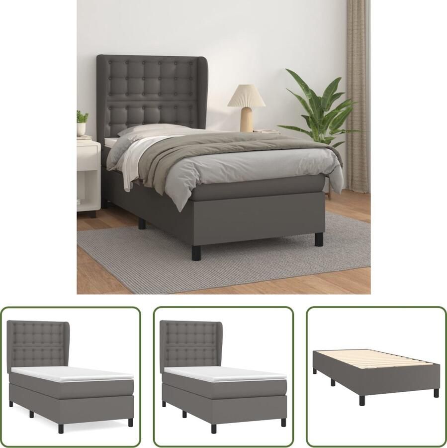 The Living Store Boxspringbed Grijs 203 x 103 x 118 128 cm Duurzaam kunstleer Verstelbaar hoofdbord Pocketvering matras Middelharde ondersteuning Huidvriendelijk topmatras Montagehandleiding inbegrepen - Foto 2