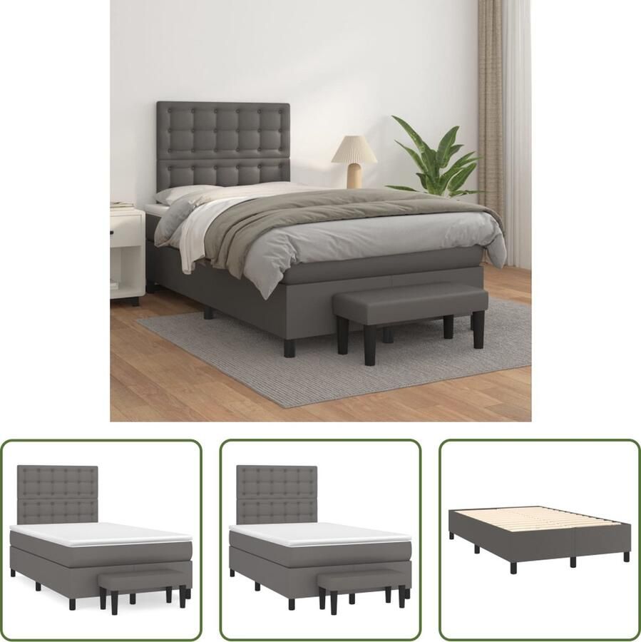 The Living Store Boxspringbed Grijs 203 x 120 x 118 128 cm Duurzaam kunstleer Verstelbaar hoofdbord Pocketvering matras Middelharde ondersteuning Huidvriendelijk topmatras Multifunctioneel bankje