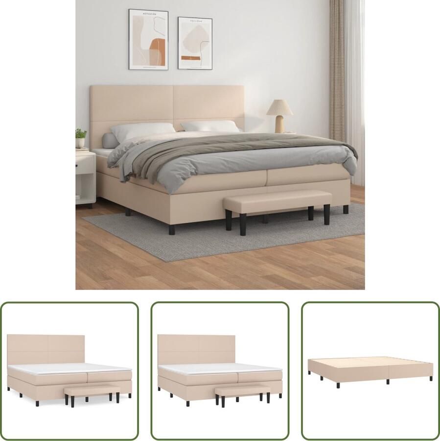 The Living Store Boxspringbed Kunstleer Pocketvering Middelhard Hoofdbord Topmatras Bankje Cappuccino 203x200x118 128 cm Boxspringbed Boxspring Kapstok Bedroom Furniture Lederlook