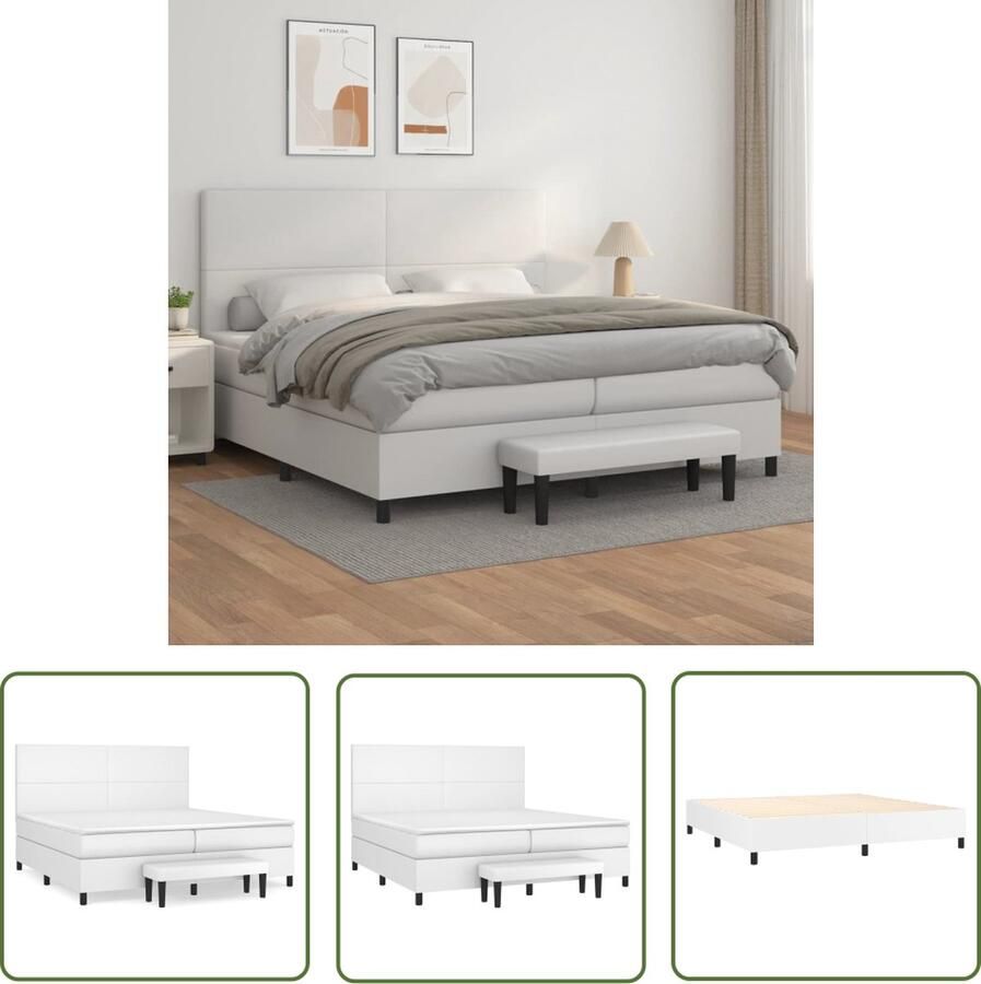 The Living Store Boxspringbed Kunstleer Wit 203 x 200 x 118 128 cm Verstelbaar hoofdbord Pocketvering matras Middelharde ondersteuning Huidvriendelijk topmatras Multifunctioneel bankje
