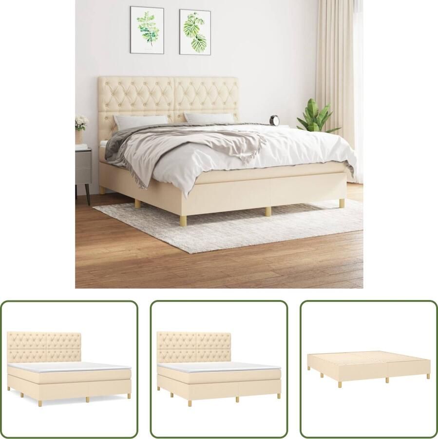 The Living Store Boxspringbed Pocketvering 160x200 cm Crème Inclusief Hoofdbord en Topmatras Boxspringbed Pocketvering Creme Kleur Tweepersoonsbed Slaapkamer Meubilair