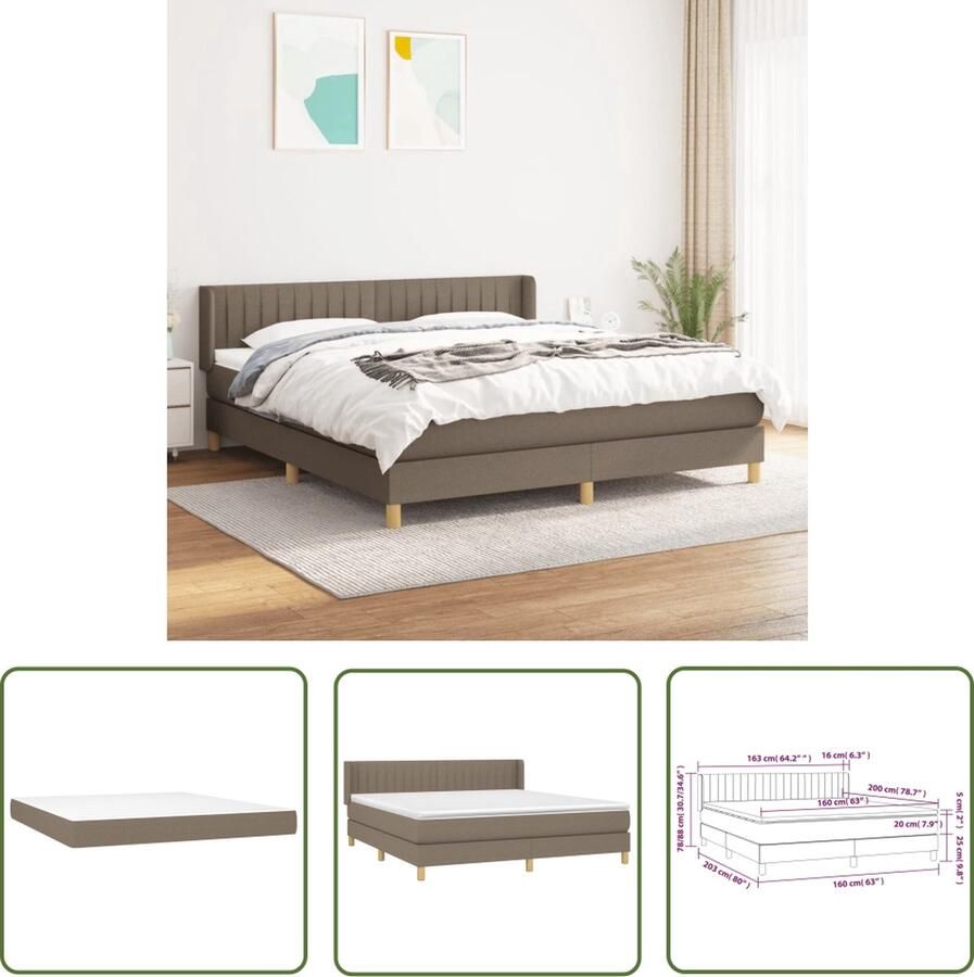 The Living Store Boxspring met matras stof taupe 160x200 cm Boxspringbed Pocketveer Matras Verstelbare Hoofdbord Taupe Bed Middenhard Matras - Foto 2