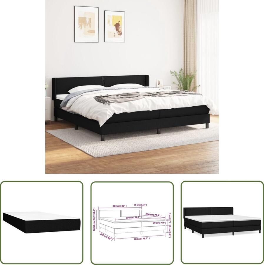 The Living Store Boxspring met matras stof zwart 200x200 cm Boxspring Boxsprings Bed Slaapmeubel Boxspringbed Boxspring Bed Tweepersoonsbed Bed Met Matras Bedframe Ledikant Bedden - Foto 2