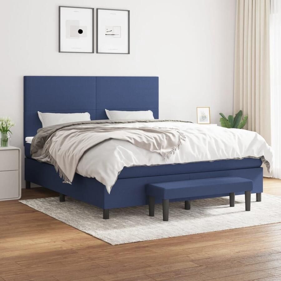 The Living Store Boxspringbed Pocketvering Blauw 180 x 200 x 118 128 cm Verstelbaar hoofdbord Duurzaam materiaal Middelharde ondersteuning Huidvriendelijk topmatras Multifunctioneel bankje - Foto 2