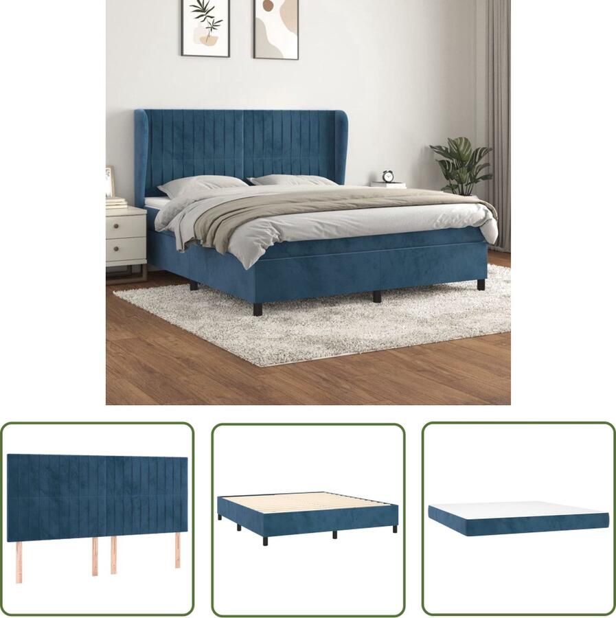The Living Store Boxspringbed Pocketvering matras Fluweel Middelharde ondersteuning Huidvriendelijk topmatras Donkerblauw 203 x 163 x 118 128 cm Boxspringbed Pocketvering Matras Fluweel Donkere Kleuren Tweepersoonsbed
