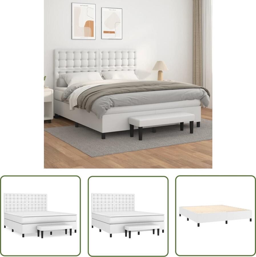 The Living Store Boxspringbed Praktisch Hoofdbord Pocketvering Matras Huidvriendelijk Topmatras Multifunctioneel Bankje Wit 203 x 160 x 118 128 cm Kunstleer Duurzaam