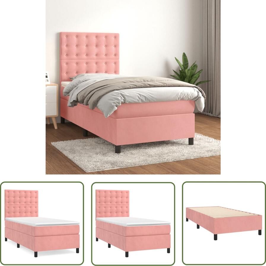 The Living Store Boxspringbed Roze 193 x 90 x 118 128 cm Huidvriendelijk topmatras Pocketvering matras Middelharde ondersteuning Boxspringbed Fluweel Bed Roze Bed Tweepersoonsbed King Size Bed - Foto 2