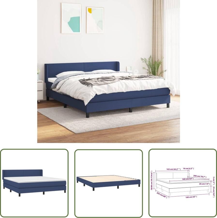 The Living Store Boxspringbed Blauw Bed 203x163x78 88 Pocketvering Matras Middelharde Ondersteuning Huidvriendelijk Topmatras