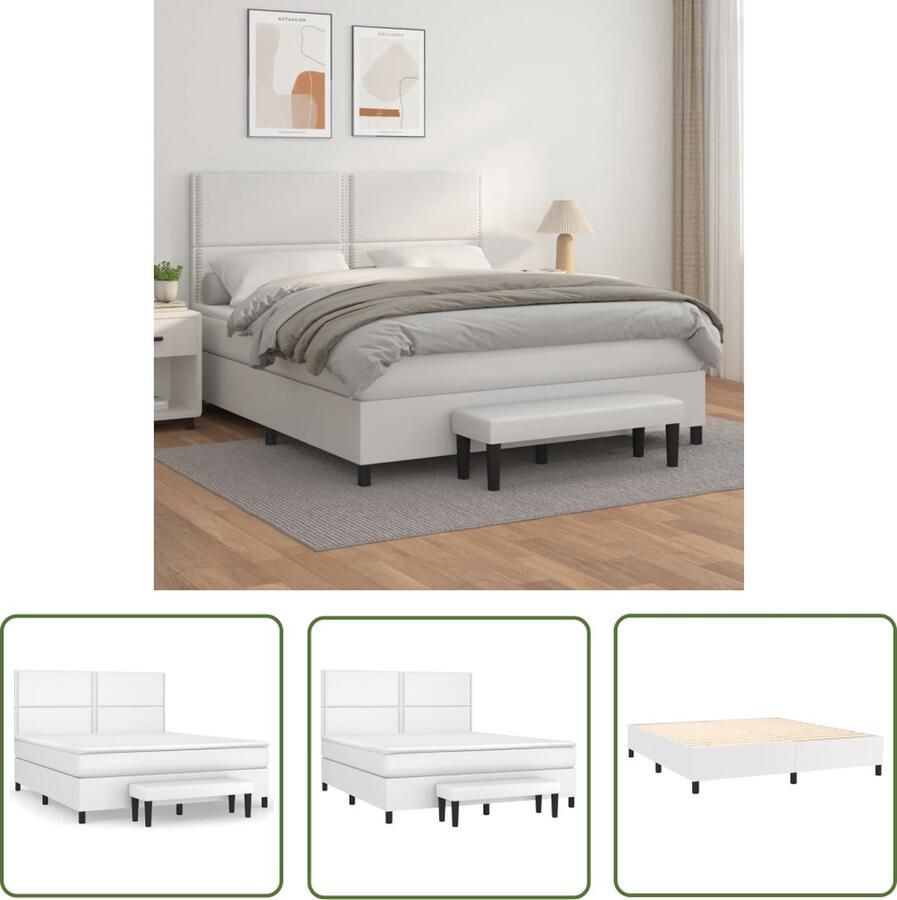The Living Store Boxspringbed Wit Kunstleer 203 x 180 x 118 128 cm Verstelbaar hoofdbord Pocketvering matras Middelharde ondersteuning Huidvriendelijk topmatras Multifunctioneel bankje
