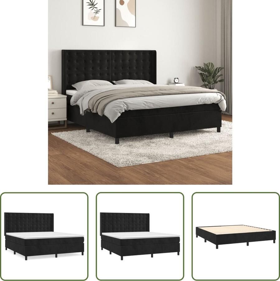 The Living Store Boxspringbed Zwart fluwelen bedframe 203x163x78 88 cm Pocketvering matras Middelharde ondersteuning Huidvriendelijk topmatras Boxspringbed Fluweel Bed Zwart Bed Tweepersoonsbed King Size Bed - Foto 2