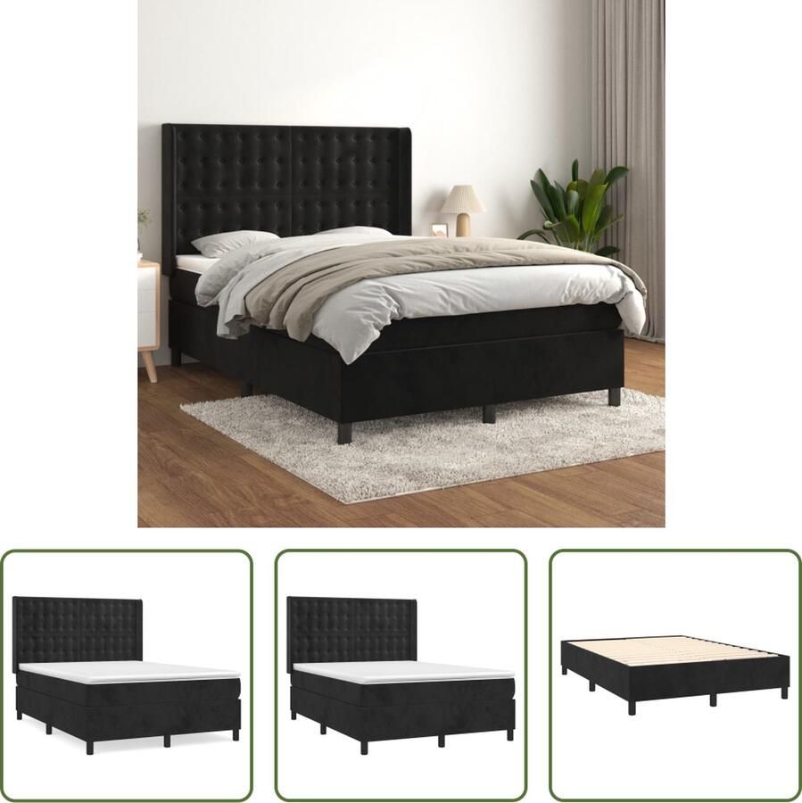 The Living Store Boxspringbed Zwart fluwelen bed met verstelbaar hoofdbord pocketvering matras en huidvriendelijk topmatras 203x144x118 128cm Boxspringbed Velvet Bed Zitzicht Bed Adjustable Headboard Pocketed Spring Mattress