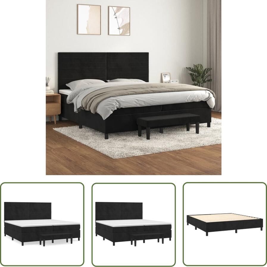 The Living Store Boxspringbed Zwart fluwelen bed met verstelbaar hoofdbord en pocketvering matras Middelharde ondersteuning Huidvriendelijk topmatras Multifunctioneel bankje