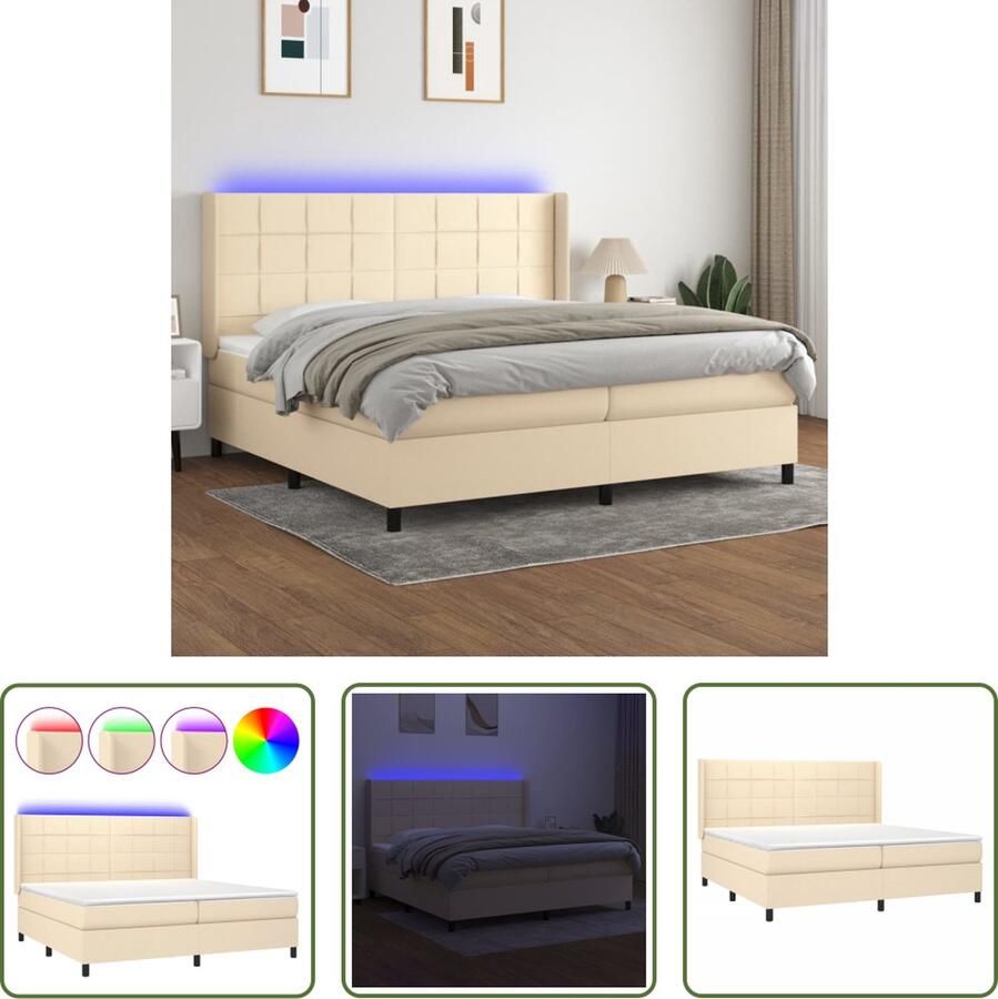 The Living Store Boxspringcombinatie Crème 203 x 203 x 118 128 cm Hoogte verstelbaar hoofdbord Pocketvering matras Huidvriendelijk topmatras Kleurrijke LED-verlichting Inclusief montagehandleiding USB-aansluiting