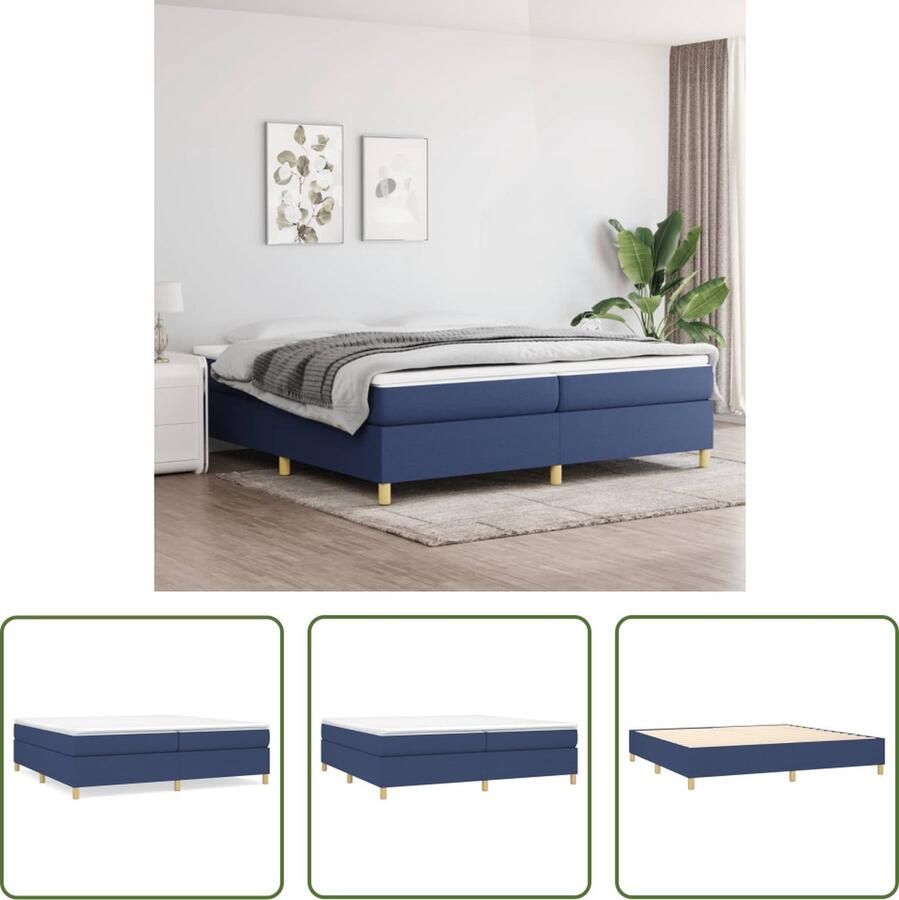 The Living Store Boxspringframe Blauw 203 x 200 x 35 cm Duurzaam materiaal Ondersteunende poten Multiplex lattenbodem Boxspring Frame Tweepersoons Bed Frame Blauwdruk Stoffen Bed