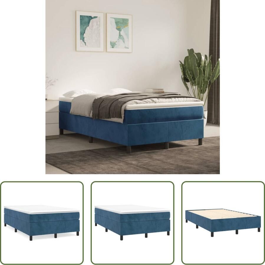 The Living Store Boxspringframe donkerblauw fluweel multiplex lattenbodem 203x120x35cm Boxspringframe Donkerblauw Bed Velvet Bed Tweepersoons Bed Stapelbare Bedbodems