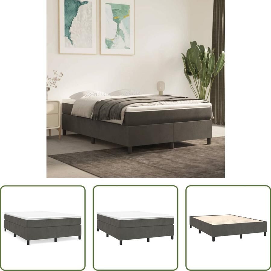 The Living Store Boxspringframe Donkergrijs 203x140x35 cm Fluweel Multiplex lattenbodem Boxspring Frame Tweepersoons Bed Donkere Kleuren Velvet Bed Houten Bedframe