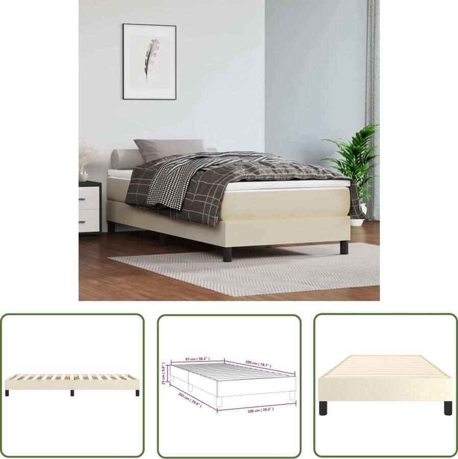 The Living Store Boxspringframe Kunstleer 203 x 100 x 25 cm Crèmekleurig Geschikt voor 100 x 200 cm matras Boxspringframe Kunstleder Bed Tweepersoons Bed Creme Bed Boxspring
