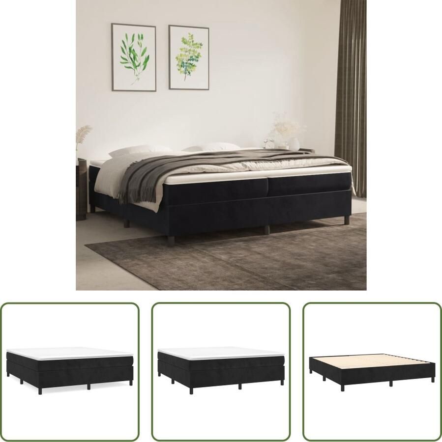 The Living Store Boxspringframe Zwart 203 x 200 x 35 cm Fluweel Ondersteunende poten Multiplex lattenbodem Matras niet inbegrepen Boxspring Frame Tweepersoons Bed Velvet Bed Zwart Bed Slaapcomfort