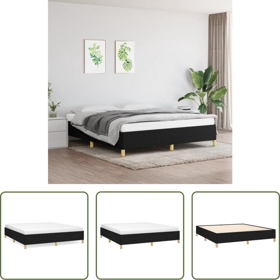 The Living Store boxspringframe Zwarte stoffen bekleding 203 x 160 x 35 cm (LxBxH) Duurzaam materiaal Ondersteunende poten Multiplex lattenbodem Boxspring Frame Tweepersoons Bed Zwart Bed Houten Bed Frame - Foto 2