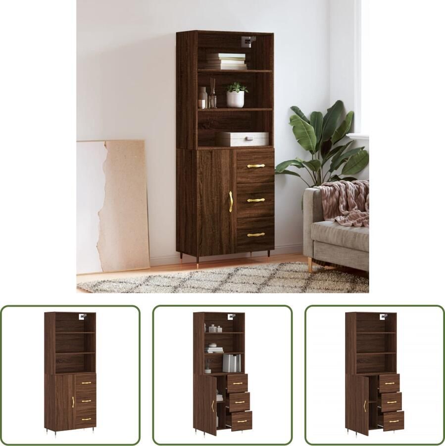 The Living Store Hoge kast 69 5x34x180 cm bewerkt hout bruin eikenkleur Hoge Kast Houten Kast Bruine Kast Opslagoplossing Woonkamerdecoratie