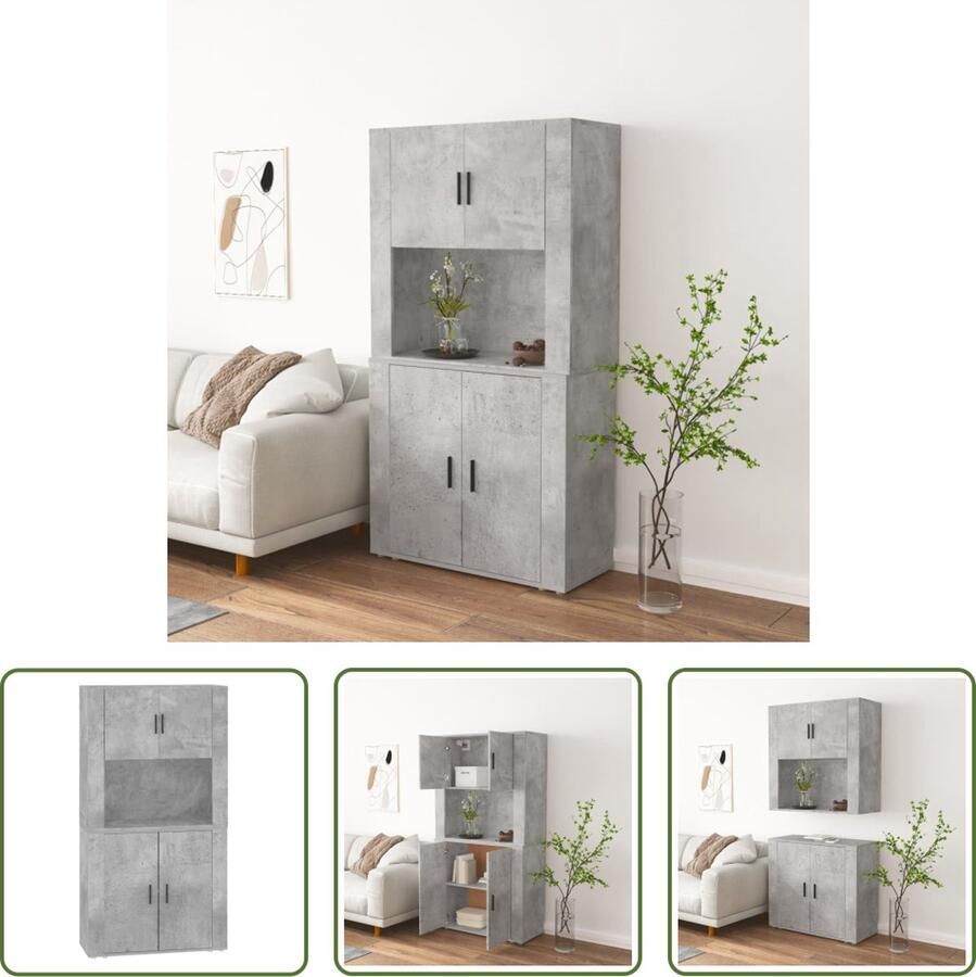 The Living Store Hoge kast bewerkt hout betongrijs Hoge Kast Buffetkast Dressoir Wandmontage Betongrijs