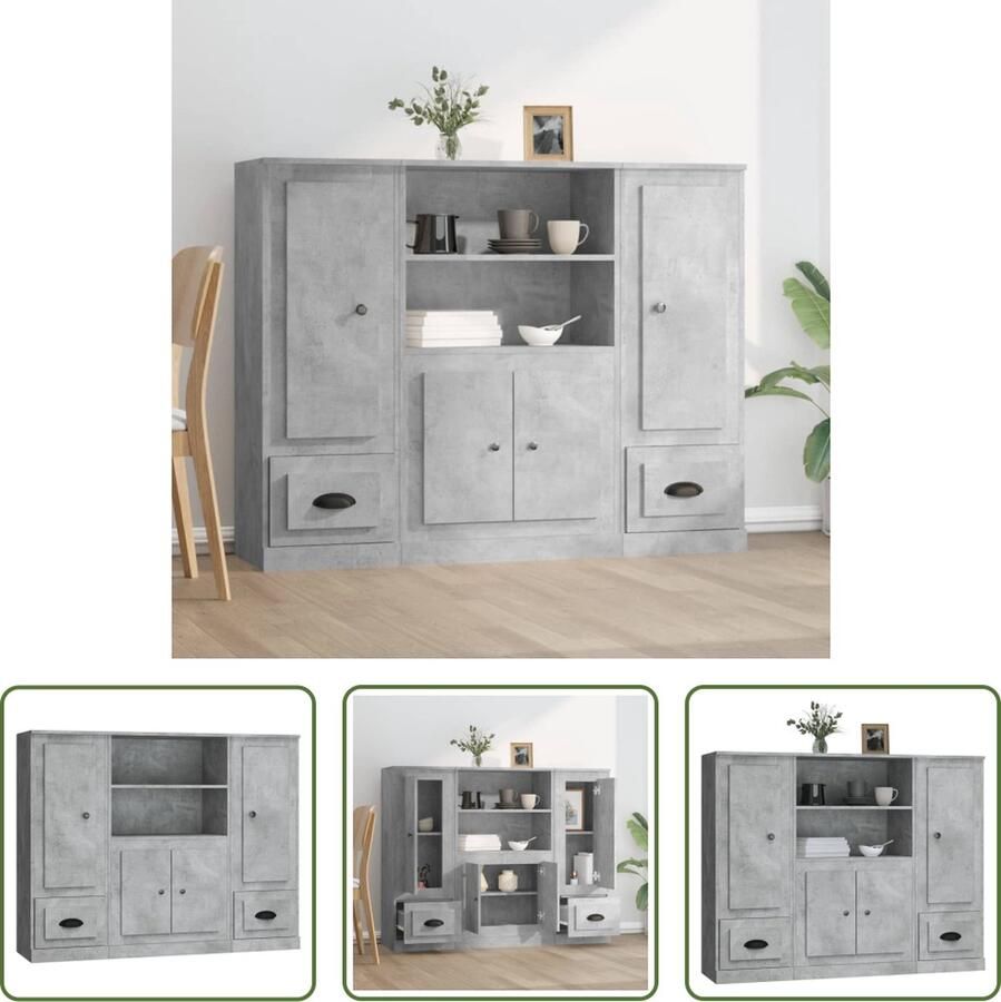 The Living Store Hoge kasten 3 st bewerkt hout betongrijs Hoge Kasten Buffetkast Opslagruimte Houten Kast Scandinavisch Design
