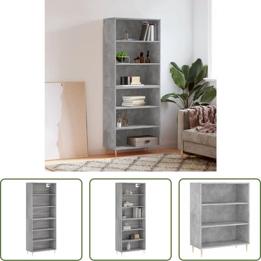 The Living Store Hoge kast 69 5x32 5x180 cm bewerkt hout betongrijs Hoge Kast Dressoir Opbergkast Betonnen Look Houten Kast