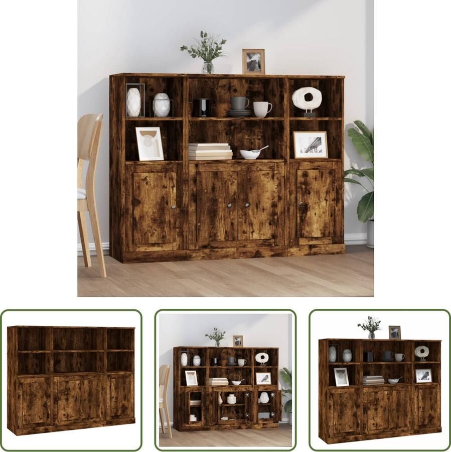 The Living Store Hoge kasten 3 st bewerkt hout gerookt eikenkleurig Hoge Kasten Buffetkast Houten Kast Opbergkast Gerookt Eiken