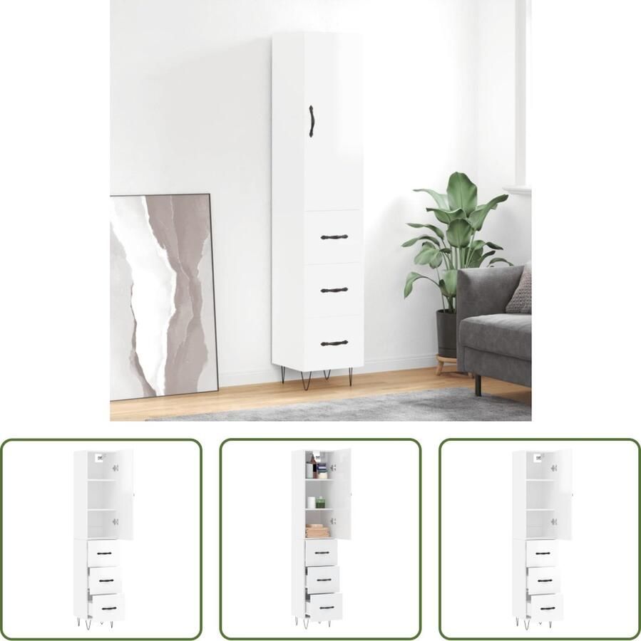 The Living Store Buffetkast Hoogglans Wit Bewerkt hout en metaal 34.5 x 34 x 180 cm