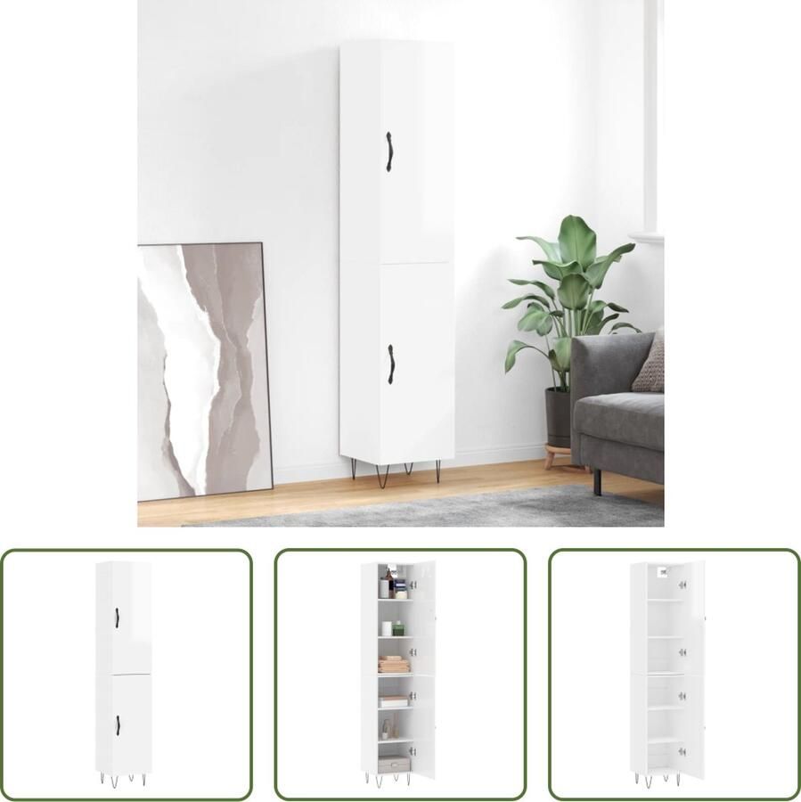 The Living Store Buffetkast Hoogglans Wit Bewerkt Hout en Metaal 34.5 x 34 x 180 cm Duurzaam en Praktisch