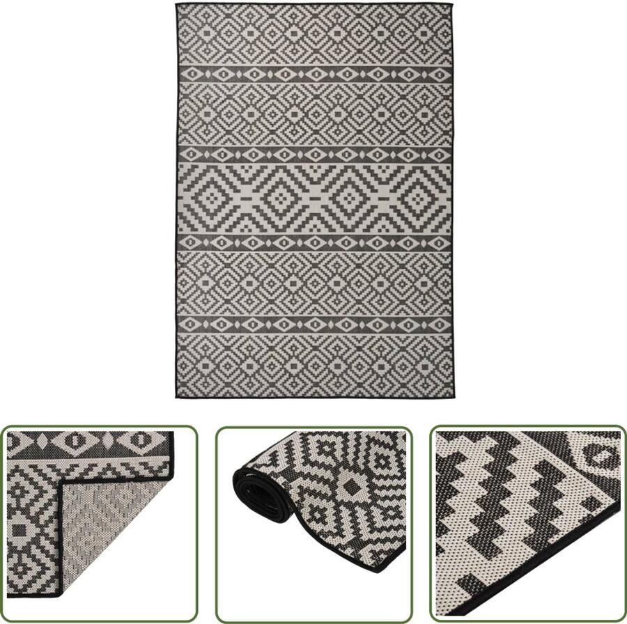 The Living Store Buitenkleed met patroon platgeweven 140x200 cm zwart Tuintapijten Buitentapijt Patiodekentje Verandabekleding Waterafstotend Tapijt