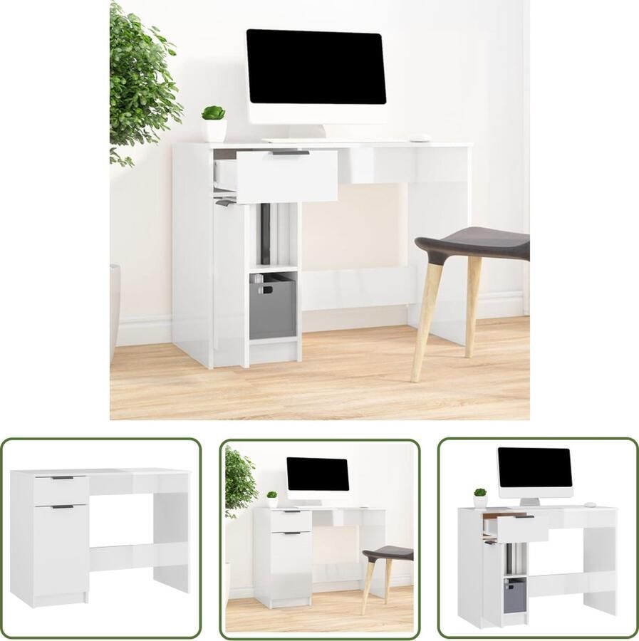 The Living Store Bureau Computerbureau 100 x 50 x 75 cm Hoogglans wit Computerbureau Bureau Houten Bureau Wit Bureau Kantooraccessoires - Foto 2