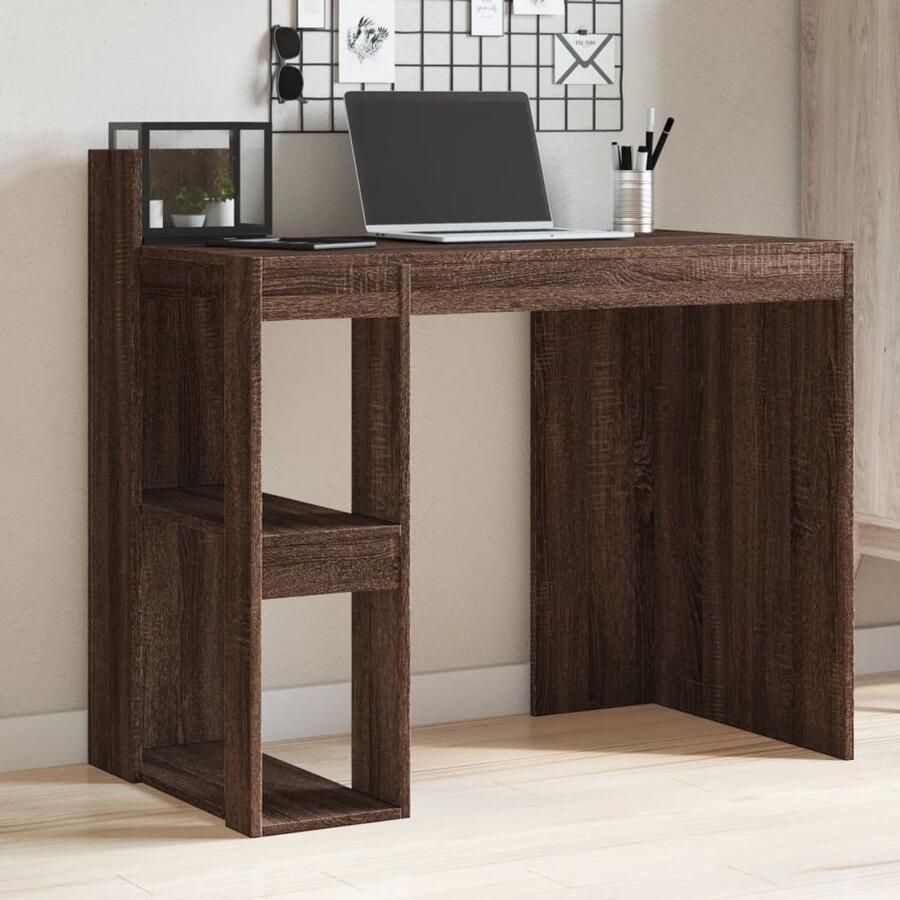 The Living Store Bureau 103 5x56 5x94 cm bewerkt hout bruin eikenkleurig Bureau Houten Bureau Bruine Bureau Compact Bureau Schrijfbureau - Foto 2
