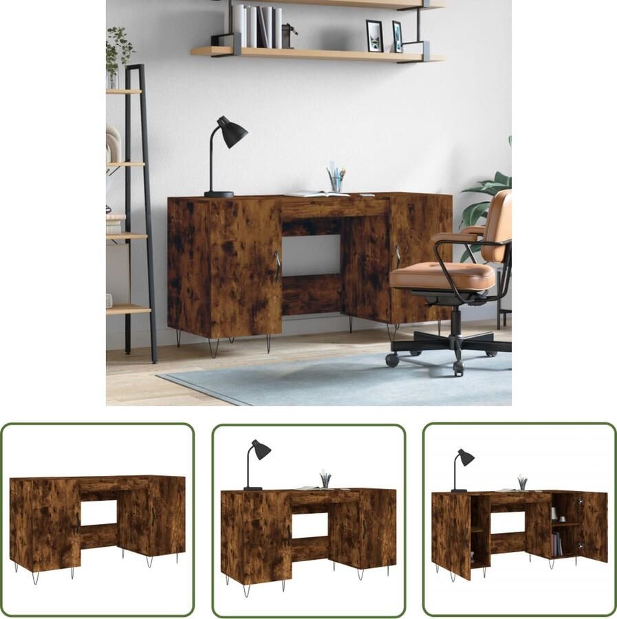 The Living Store Bureau 140x50x75 cm bewerkt hout gerookt eikenkleurig Industriele Stijl Houten Bureau Kantooraccessoires Bureaublad Studentenkamer - Foto 2