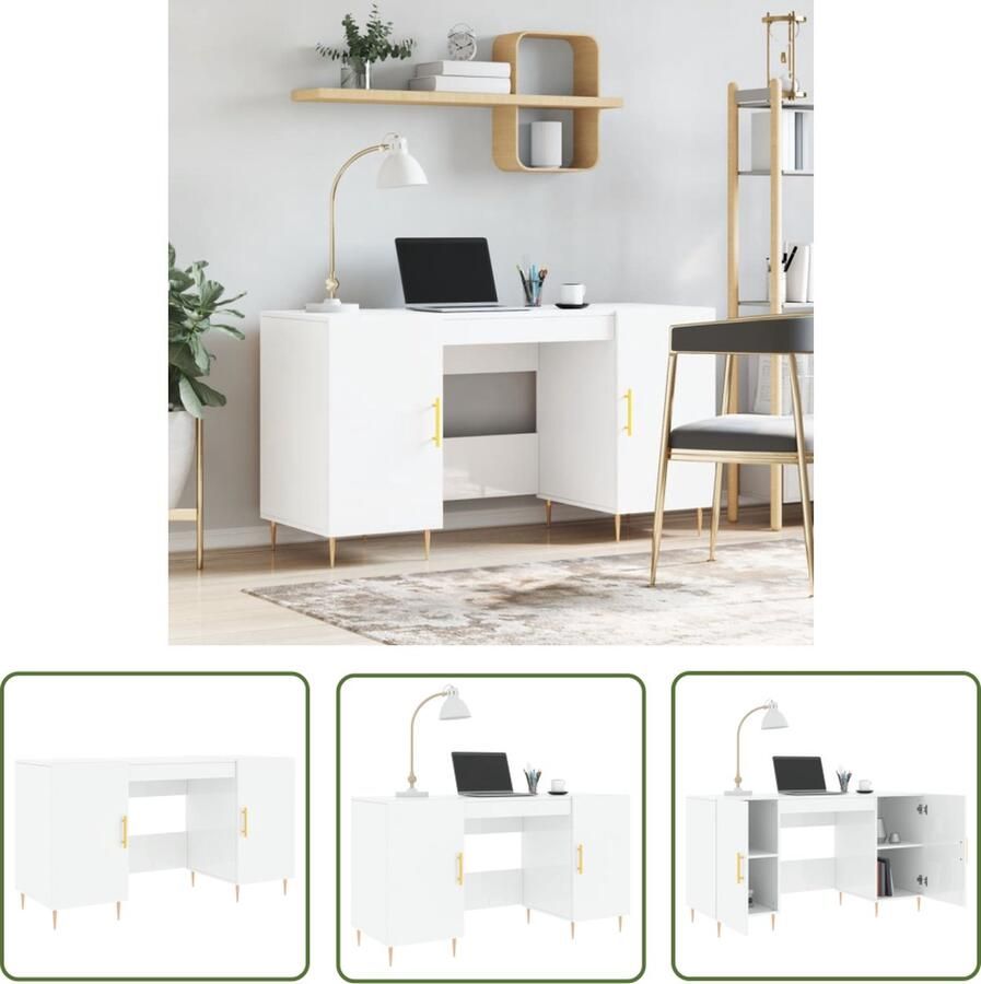 The Living Store Bureau Studie en Werkruimte 140x50x75 cm Hoogglans Wit Bureau Houten Bureau Witte Bureau Studie Buro Werkplek - Foto 2