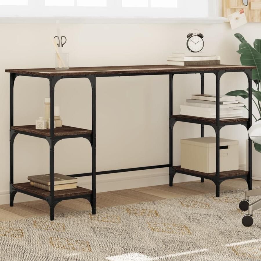 The Living Store Bureau 140x50x75 cm metaal en bewerkt hout bruin eikenkleur Bureau Houten Bureau Eiken Bureau Kantoormeubilair Home Office - Foto 2