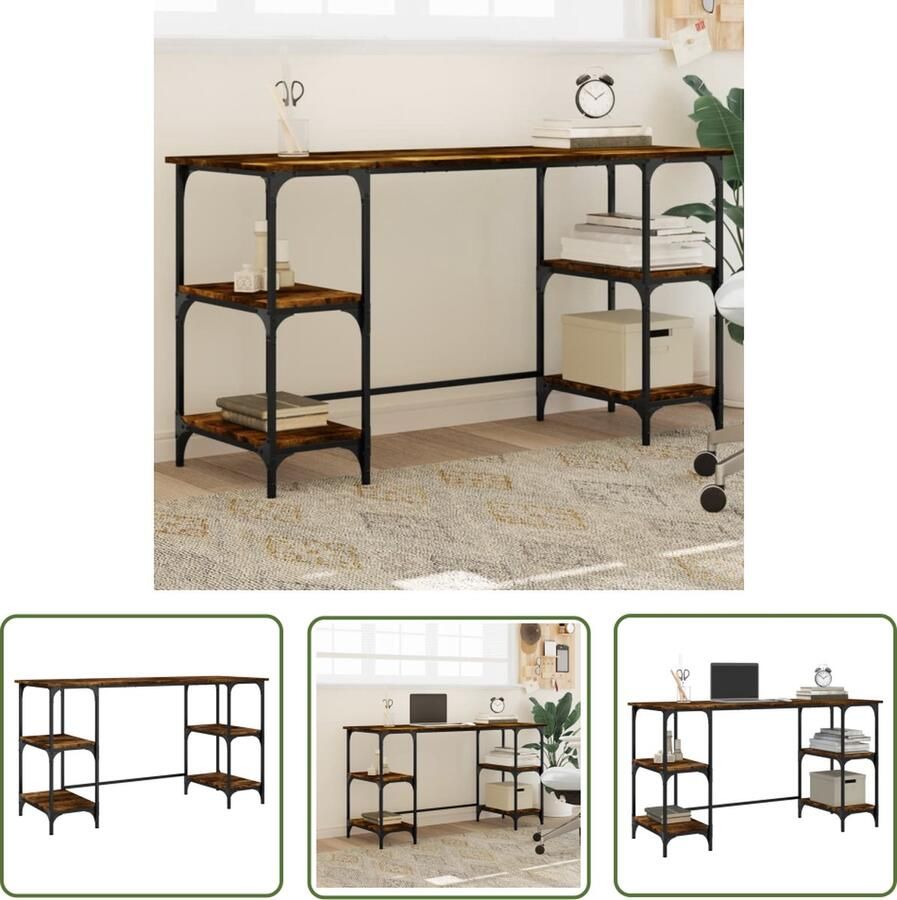 The Living Store Bureau Modern 140 x 50 x 75 cm Gerookt Eiken Duurzaam Hout metaal Verstelbare Schappen Kantoormeubel Bureau Laptop Tafel Computertafel Houten Bureau