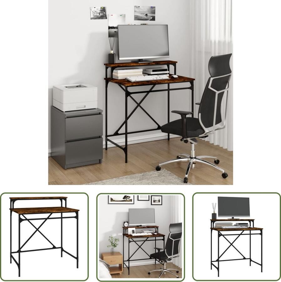 The Living Store Bureau Industrieel 80 x 50 x 90 cm Gerookt eiken Duurzaam hout en ijzer Industriële Bureau Houten Bureau Met Plank Werkstation Kantoormeubilair - Foto 2