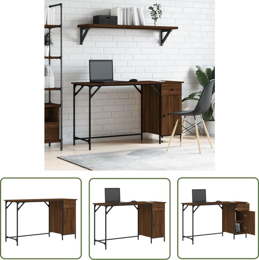 The Living Store Bureau Bruineiken Hout 131 x 48 x 75 cm Duurzaam materiaal Voldoende opbergruimte Stabiel frame Makkelijk te reinigen Kantoormeubilair Bureau Computerbureau Laptop Tafel Houten Bureau