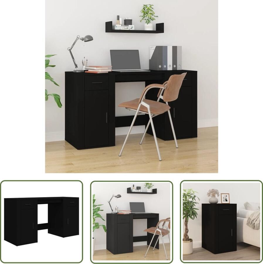 The Living Store Bureau en Kast Zwart Hout 100 x 49 x 75 cm Met Deuren Display Functie - Foto 2