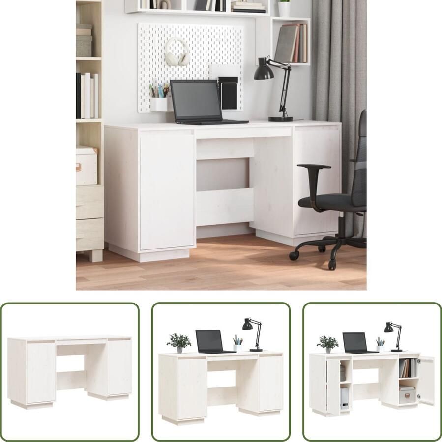 The Living Store Bureau Grenenhout Wit 140x50x75 cm Met deuren