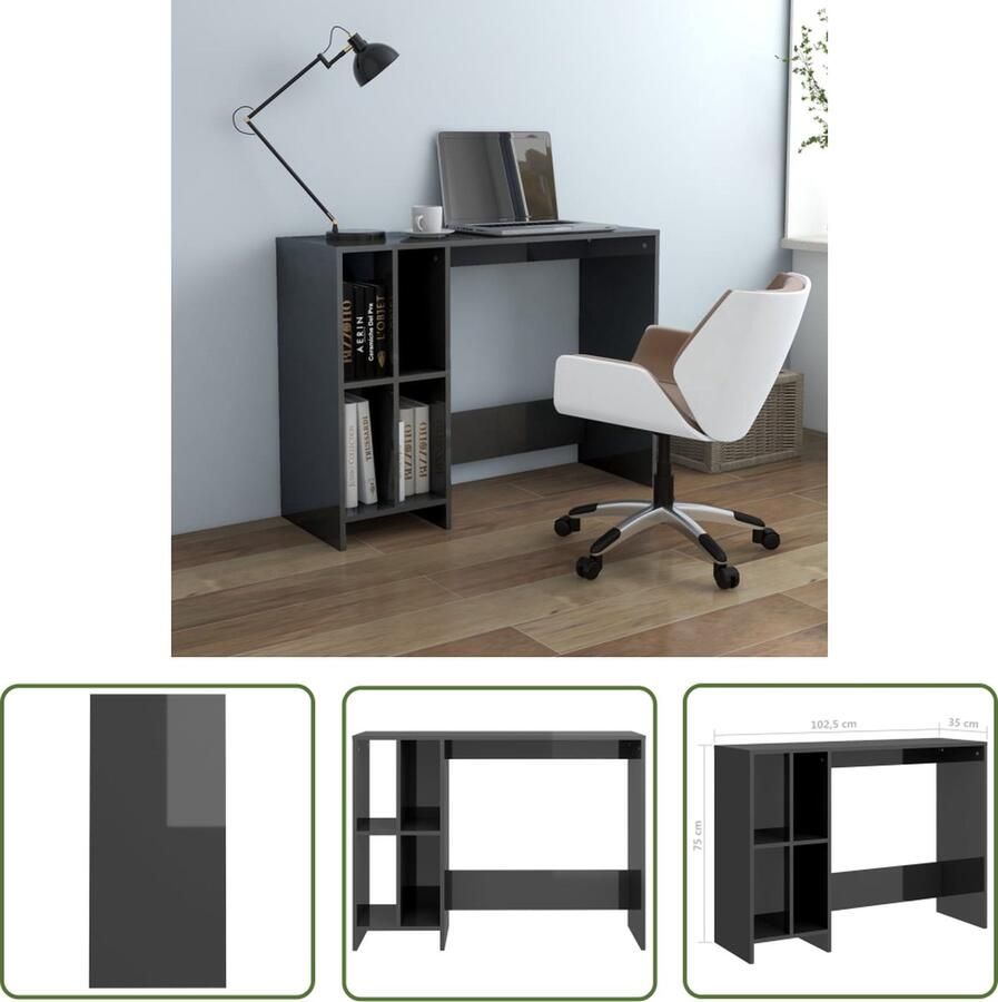 The Living Store Bureau Hoogglans grijs 102.5 x 35 x 75 cm Met schappen Montage vereist - Foto 2