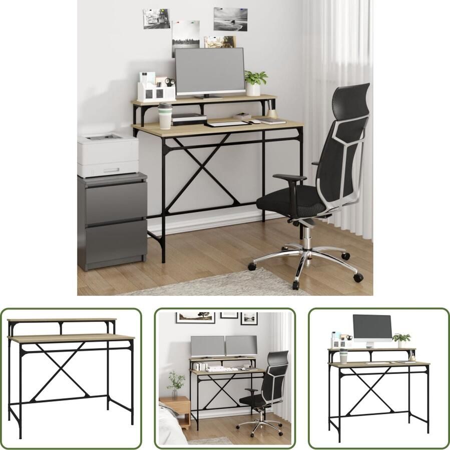 The Living Store Bureau Industrieel Sonoma Eiken 100 x 50 x 90 cm Bewerkt Hout en Ijzer Industriele Bureau Houten Bureau Met Plank Sonoma Eiken Kantoormeubilair - Foto 2