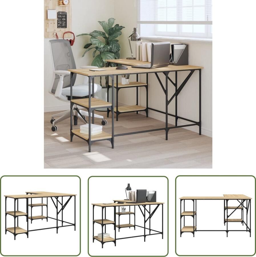 The Living Store Bureau L-vormig Metaal Bewerkt Hout 139 x 139 cm Sonoma Eiken Bureau Werkstation Houten Bureau L-vormig Bureau Sonoma Eiken - Foto 2